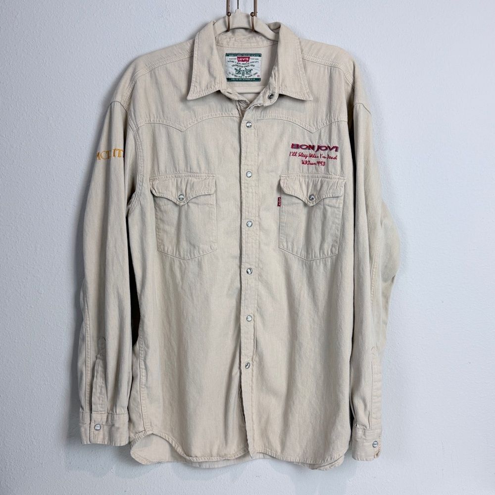 Vintage Levi's Bon Jovi Tour 1993 Concert Pearl Snap Western Shirt Tan XL